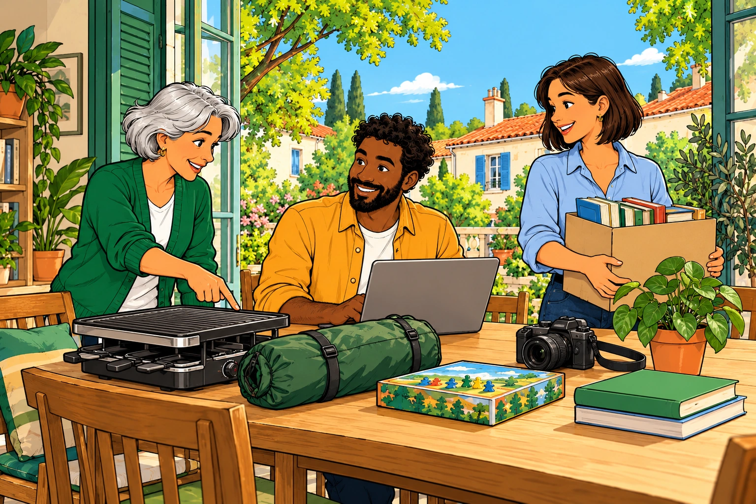 Trois voisins organisent le partage de livres, d’un jeu, d’une tente et d’un appareil à raclette autour d’une table.