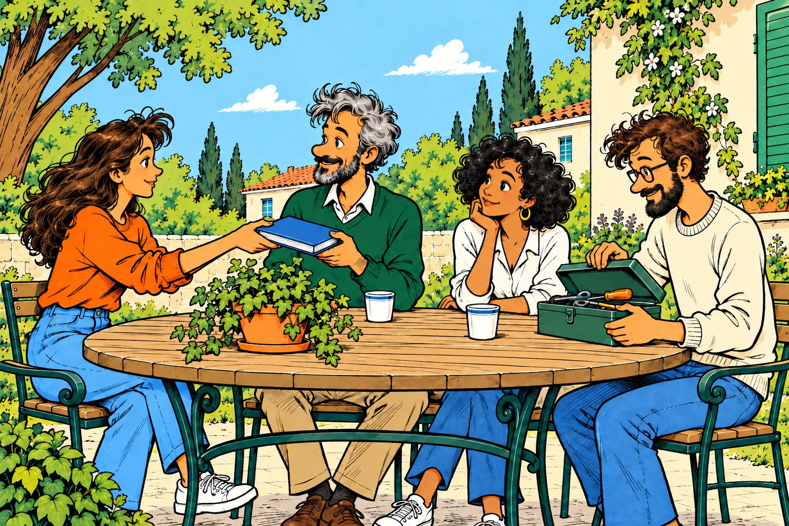 Quatre proches se retrouvent autour d’une table et se prêtent un livre et une boîte à outils.