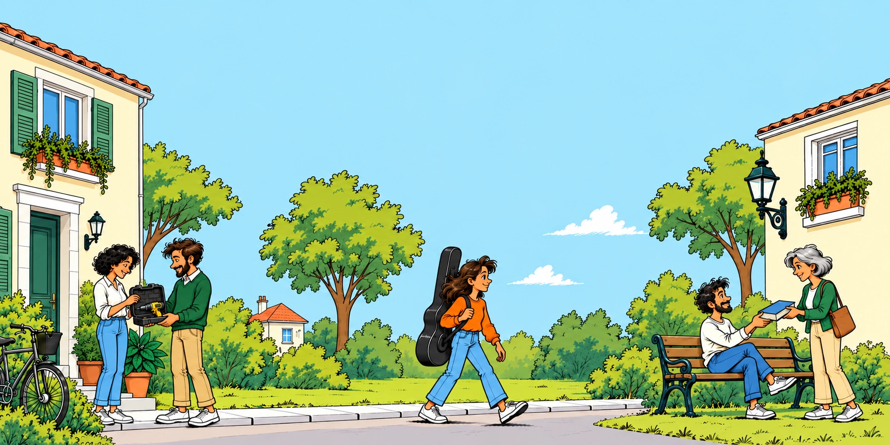 Dans le quartier, deux voisins échangent une perceuse rangée dans sa mallette, tandis que deux autres partagent un livre près d’un banc.